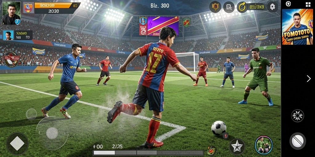 Screenshot FOMOTOTO menampilkan pemain dalam aksi olahraga yang mendebarkan.
