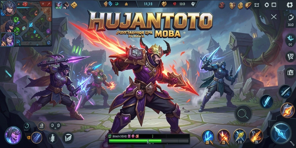 Screenshot gameplay HUJANTOTO dengan aksi seru pertarungan MOBA.