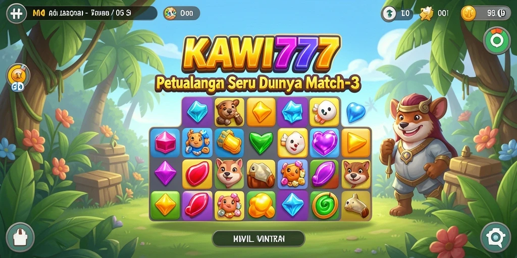 Menampilkan gameplay KAWI777 dengan tantangan Match-3 yang seru.