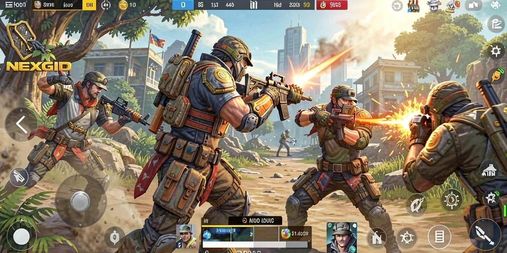 Screenshot gameplay NEXGID yang menunjukkan pertarungan Battle Royale yang mendebarkan.