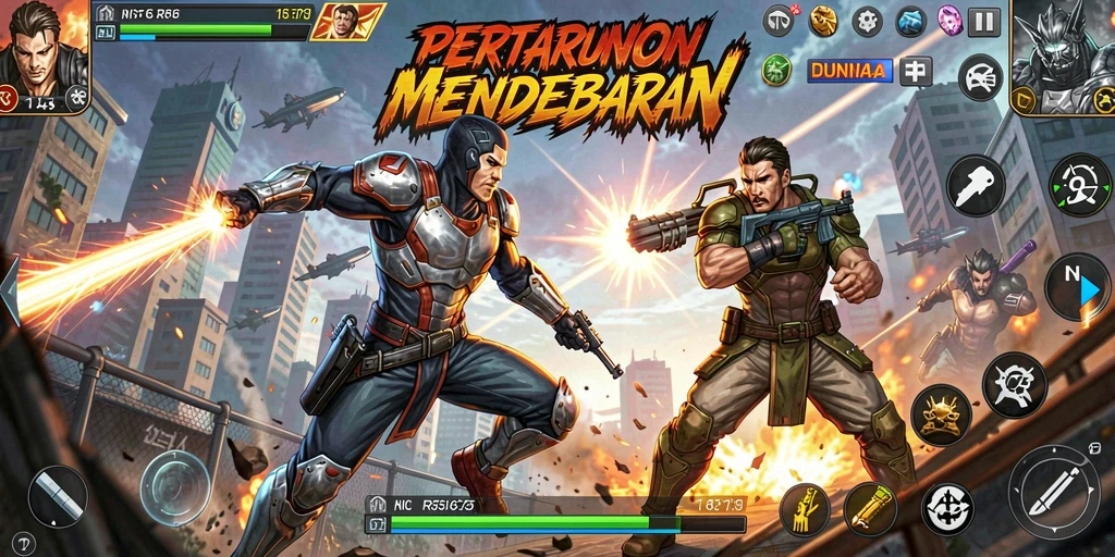 Screenshot utama R6R6 menampilkan aksi seru pertarungan karakter di arena.