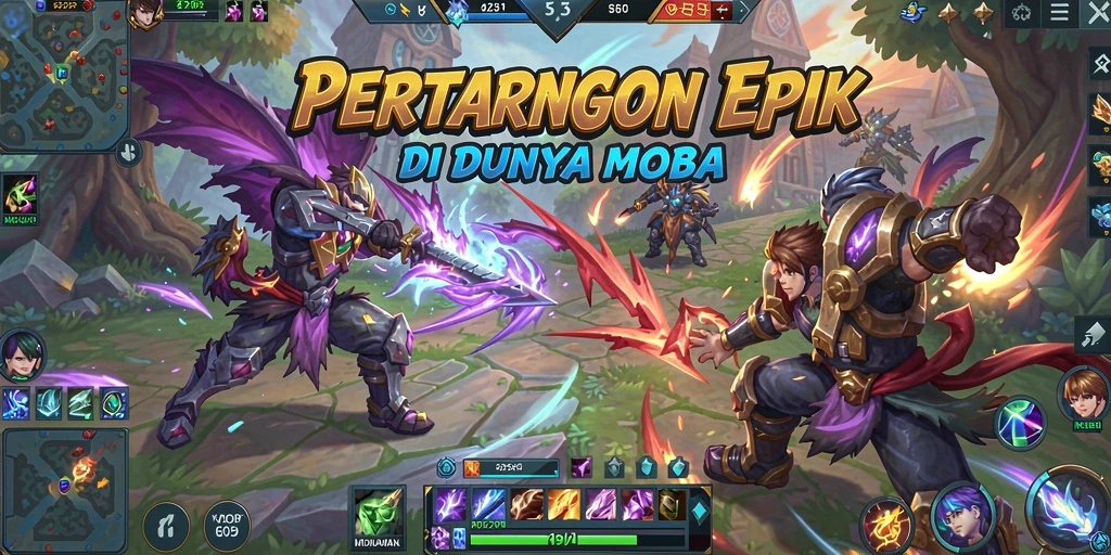 Tampilan gameplay MOBA yang penuh aksi dan strategi.