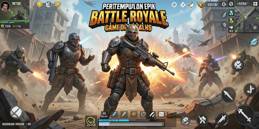 Tangkapan layar utama RR789 menunjukkan aksi seru pertempuran Battle Royale.