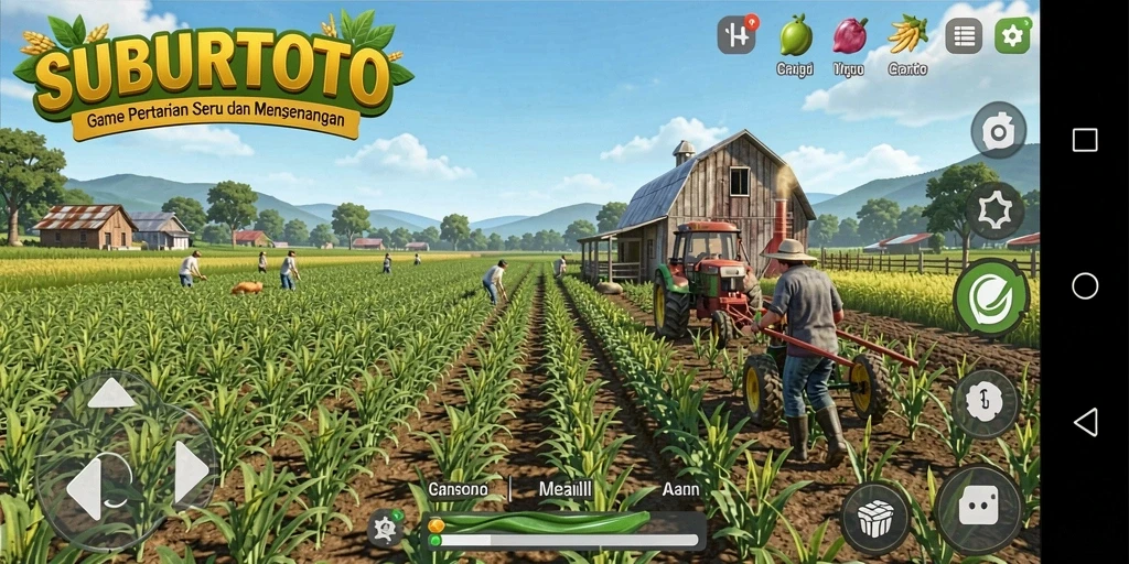 Screenshot gameplay SUBURTOTO menunjukkan ladang yang subur dan hewan ternak.