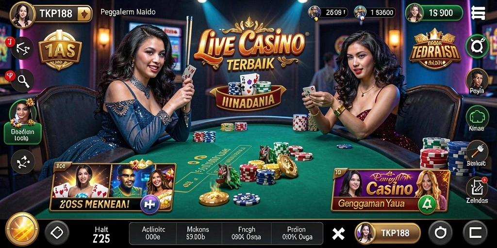 Screenshot gameplay TKP188 menunjukkan dealer live dan interaksi pemain.
